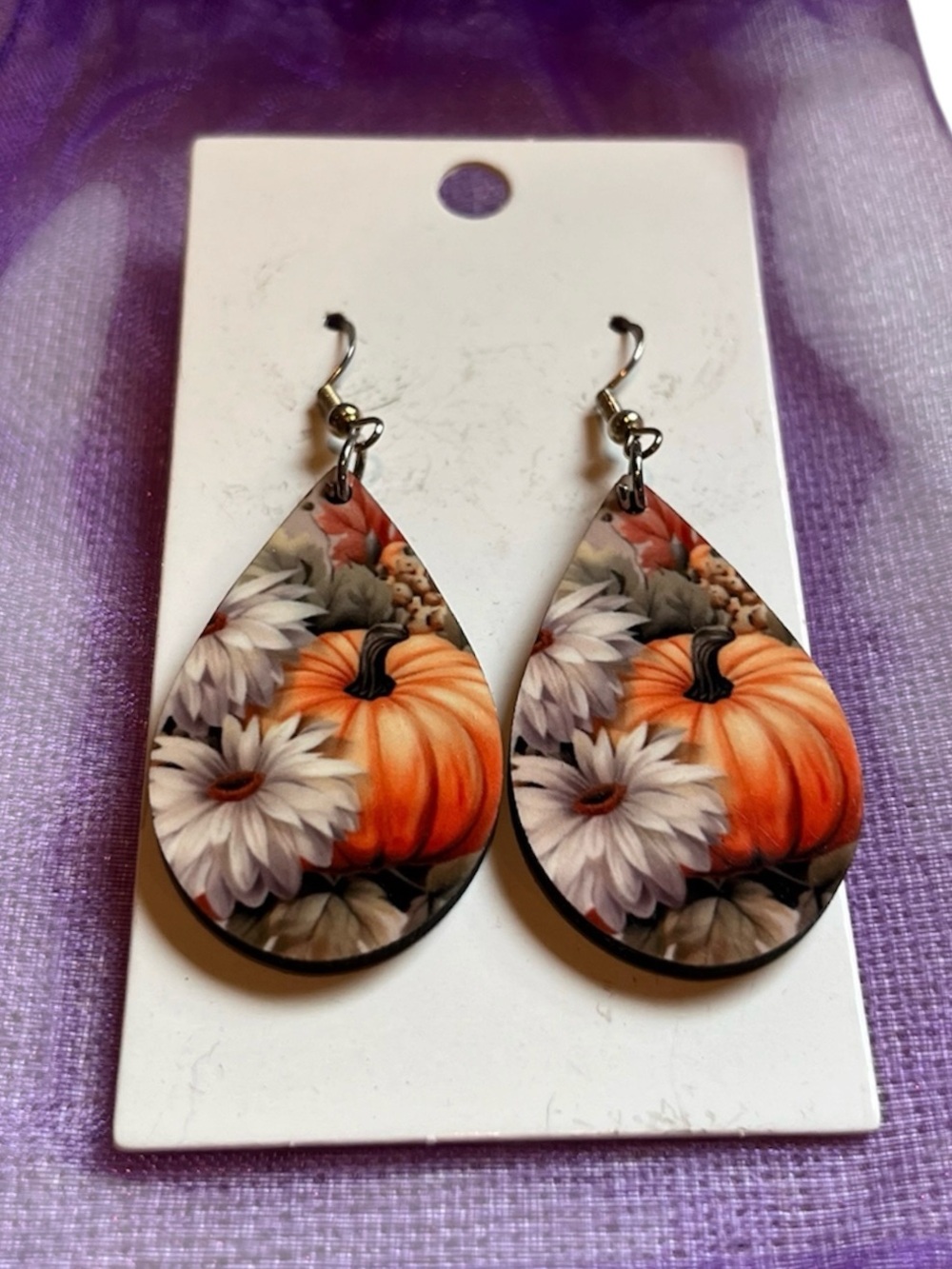 Pumpkin & Daisy Teardrop Dangle Earrings - Orange Floral Fall Design